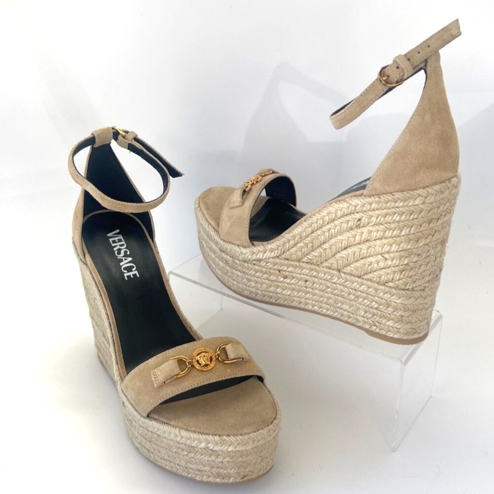 Versace Medusa ‘95 Beige Suede Espadrilles Women Wedge Sandals Size IT39 US9